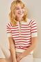 Women's White Red Buttoned Knitwear Blouse with Elastic Sleeves and Skirt 20235071