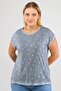 Large Size Women's Comfortable Trend Daily Pineapple Print Lace Back Detailed T-shirt-Light Blue - 3