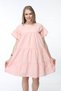 Women's Salmon Crew Neck Sleeve Shirred Dress