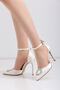 Limar White Satin Stone Detailed Ankle Strap 10.5 Cm Stiletto Pointed Toe Women's Heeled Shoes