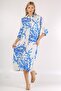 Italian White Blue Shirt Collar 3/4 Sleeve Buttoned Woven Dress