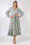 Italian Light Green V-Neck Long Sleeve Floral Ruffled Hem Woven Dress - 3