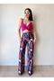 Women's Purple Micro Fabric Cross Drawstring Crop High Waist Wide Leg Trousers Set - 2