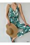 Women's Green Woven Viscose Fabric Elastic Waist Patterned Strap Jumpsuit
