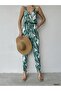 Women's Green Woven Viscose Fabric Elastic Waist Patterned Strap Jumpsuit - 3