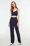 Lacivert Yüksek Bel Wide Leg/Geniş Paça Çizgili Dokuma Pantolon TWOSS22PL0100 - 4