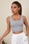 Kadın Gri Kare Yaka Crop Top Bluz