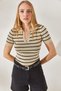 Women's Stone Polo Neck Striped Crop Knitwear Blouse BLZ-19002236 - 2