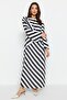 Black Striped Degaje Collar Woven Dress TCTSS23EB00279 - 2