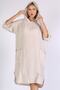 Italian Beige 3/4 Sleeve Pocket Hooded Linen. Woven Dress