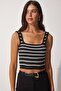 Women's Black Striped Crop Knitwear Blouse YY00138 - 4