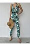 Women's Green Woven Viscose Fabric Elastic Waist Patterned Strap Jumpsuit - 4