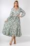 Italian Light Green V-Neck Long Sleeve Floral Ruffled Hem Woven Dress