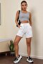 Kadın Gri Kare Yaka Crop Top Bluz - 5