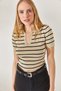 Women's Stone Polo Neck Striped Crop Knitwear Blouse BLZ-19002236 - 3