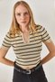 Women's Stone Polo Neck Striped Crop Knitwear Blouse BLZ-19002236 - 4