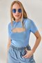 Women's Baby Blue Kiss Detailed Crop Knitwear Blouse BLZ-19002243 - 2