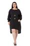 Large Size Buckle Detailed Sleeve Elastic Back Long Linen Black Tunic Dress