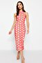 Red Retro Patterned Cut Out Detailed Body-Fitting Stand Collar Knitted Pencil Dress TWOSS23EL02166