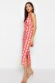 Red Retro Patterned Cut Out Detailed Body-Fitting Stand Collar Knitted Pencil Dress TWOSS23EL02166 - 2