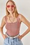 Women's Dusty Rose Square Collar Corduroy Skirt Detailed Crop Knitwear Blouse BLZ-19001872 - 3