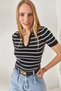 Women's Black Polo Neck Striped Crop Knitwear Blouse BLZ-19002236 - 4