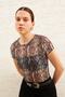 Women's Gray Snake Pattern Crew Neck Short Sleeve Baby Overlock Detailed Tulle Transparent Blouse - 2