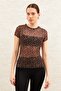 Women's Black-brown Leopard Patterned Crew Neck Short Sleeve Baby Overlock Detailed Tulle Transparent Blouse - 2