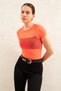 Women's Orange Crew Neck Short Sleeve Baby Overlock Detailed Tulle Transparent Blouse - 2