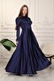 Navy Blue Embroidered Satin Hijab Evening Dress