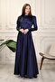 Navy Blue Embroidered Satin Hijab Evening Dress - 4