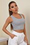Kadın Gri Kare Yaka Crop Top Bluz - 4