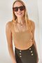 Women's Biscuit Square Neck Corded Skirt Detailed Crop Knitwear Blouse BLZ-19001872