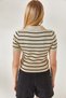 Women's Stone Polo Neck Striped Crop Knitwear Blouse BLZ-19002236 - 5