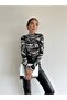 Women's Black Marbling Patterned Half Turtleneck Blouse Blz1002 - 5