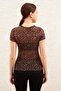 Women's Black-brown Leopard Patterned Crew Neck Short Sleeve Baby Overlock Detailed Tulle Transparent Blouse - 6