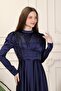 Navy Blue Embroidered Satin Hijab Evening Dress - 3