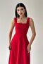 Women's Square Collar Thick Strap Design Midi Length Red Evening Dress 151 - 6