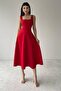 Women's Square Collar Thick Strap Design Midi Length Red Evening Dress 151