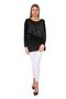 Women's Black Front Leather Detailed Crew Neck Blouse - 5