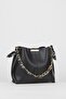 Women's Black Scarf and Chain Accessory Soft Leather 3-Compartment Handbag and Shoulder Bag