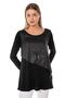 Women's Black Front Leather Detailed Crew Neck Blouse