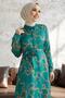 Ruby Chain Patterned Belted Satin Dress - Petrol Green - 2