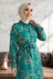 Ruby Chain Patterned Belted Satin Dress - Petrol Green - 3