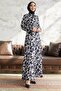 Perla Patterned Satin Dress with Belted Waist - White