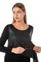 Women's Black Front Leather Detailed Crew Neck Blouse - 3