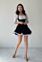 Cotton Atlas Fabric Sleeves Garnished Short Sleeve Square Collar Black and White Flared Dress 152 - 8