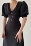 Women's Cotton Atlas Fabric Button Detailed V-Neck Short Balloon Sleeve Midi Length Bell-Cut Black Dress 153 - 6