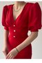 Women's Cotton Atlas Fabric Button Detailed V-Neck Short Balloon Sleeve Midi Length Bell Cut Red Dress 153 - 2