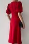 Cotton satin fabric button detail V-neck short balloon sleeve midi-length red evening dress 153 - 5